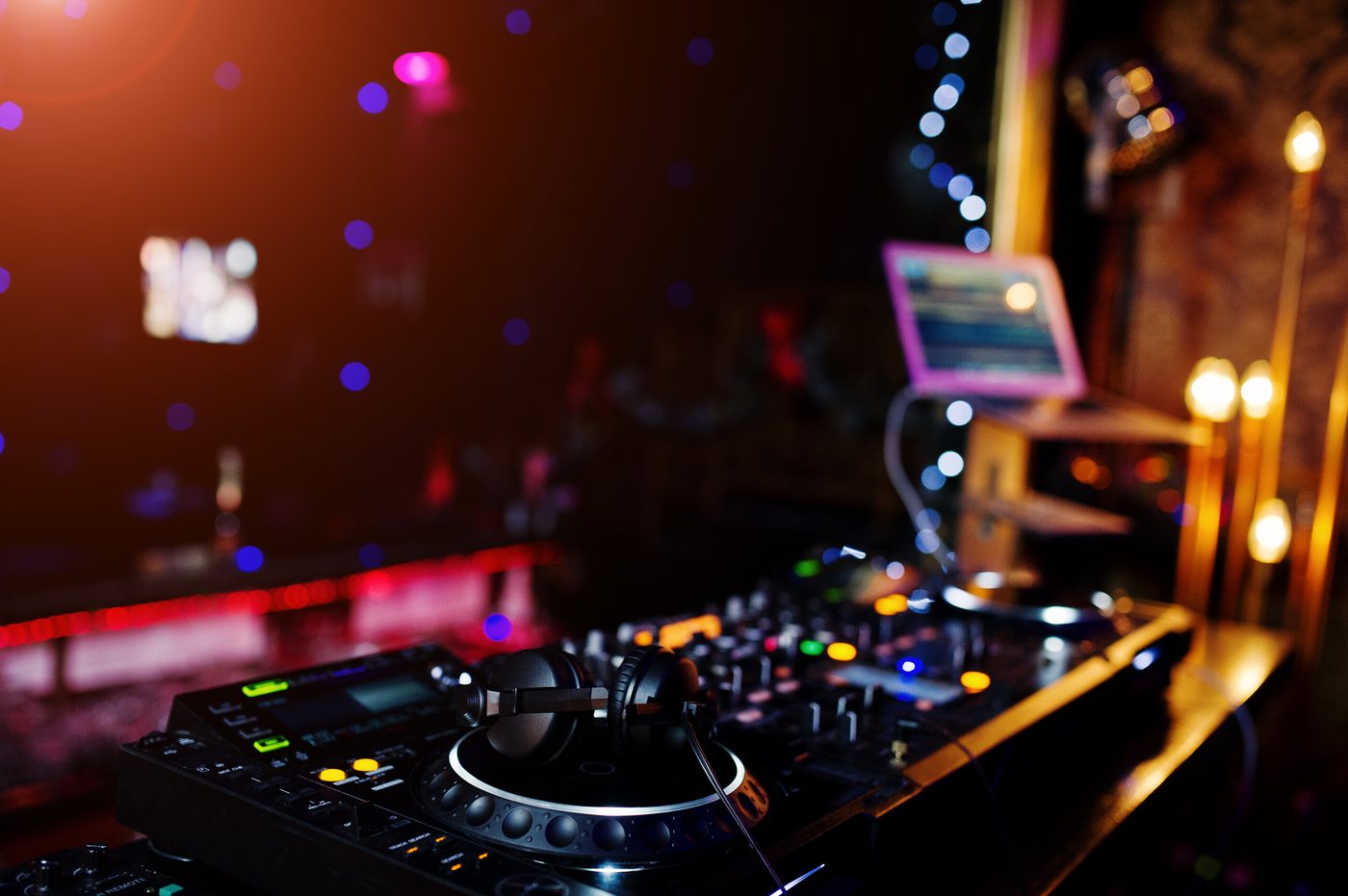 DJ decks, headphones and laptop setup